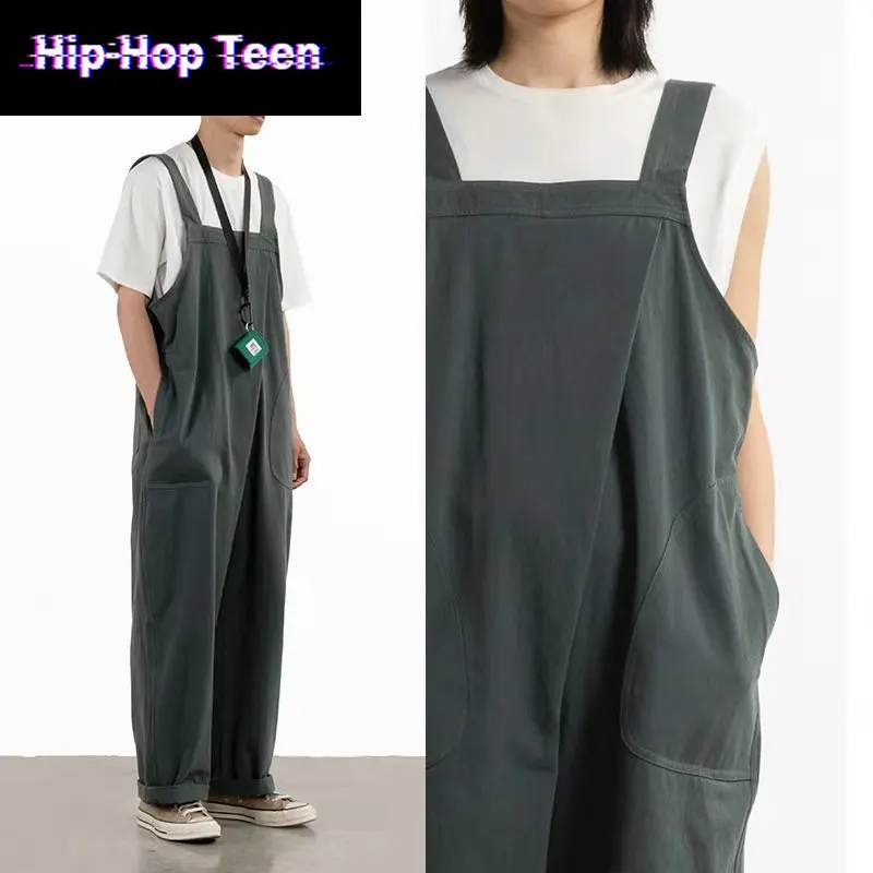 

Japanese Streetwear Men's Loose Cargo Bib Overalls Pants Multi-Pocket Overall Men Harajuku Fashion Joggers Chic Button Rompers