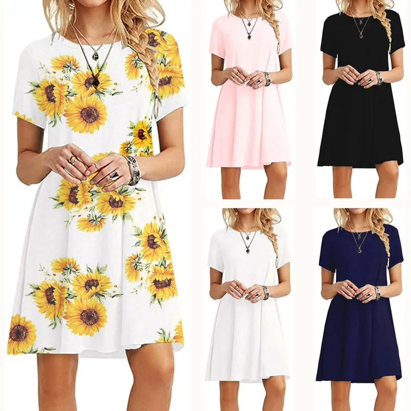 

Женское летнее платье-футболка средней длины с коротким рукавом и круглым вырезом