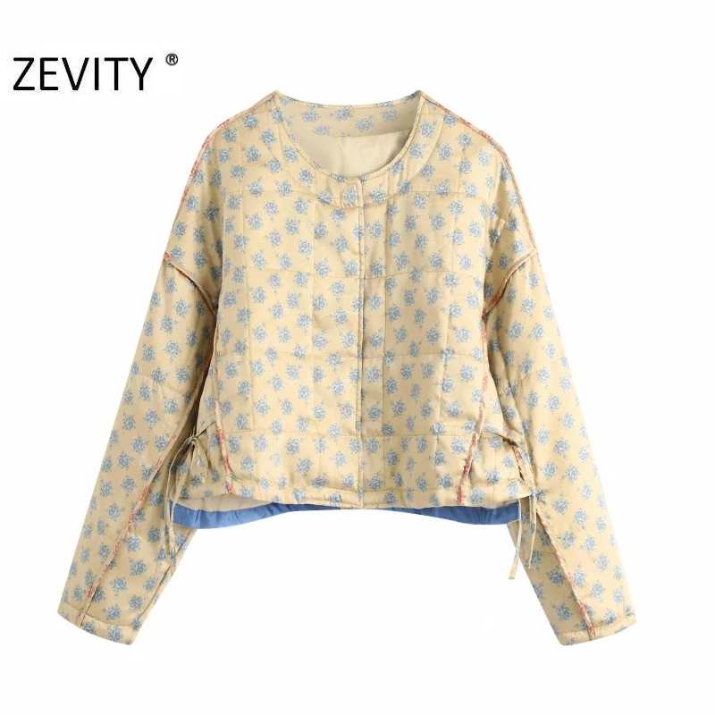 

Zevity New Women Winter Floral Printing Cotton Padded Casual Coat Female Long Sleeve Side Lace Up Chic Buttons Jacket Tops CT606
