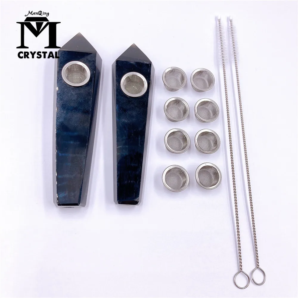 

2PCS Natural Crystal Obsidian Stone Smokey Pipe Healing Quartz Crystal Point Wand Gemstone With 10pc Metal Filter + 2Brush