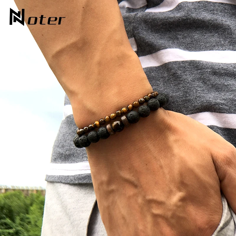 Noter, 2 шт., мужской браслет, набор, натуральная лава, обсидиан, тигровый глаз, Braslet, 4 мм, маленький браслет с бусинами для мужчин, аксессуары для кемпинга, ювелирные изделия