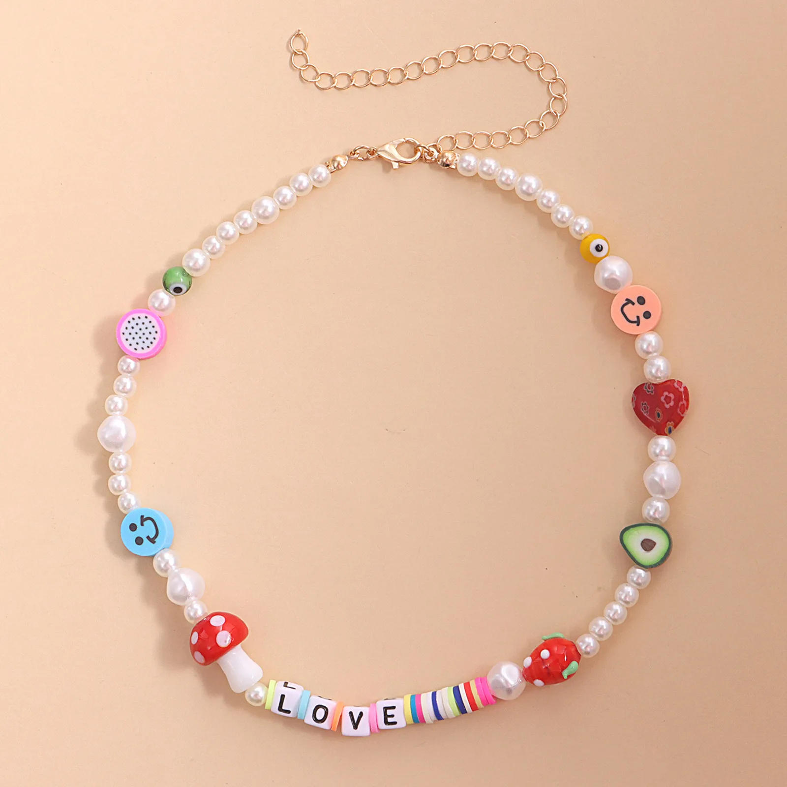 

Colorful Mushroom Fruit Smiley Love Pattern Choker Bohemia Short Necklace White Imitation Pearl Zinc Alloy Beaded Necklace