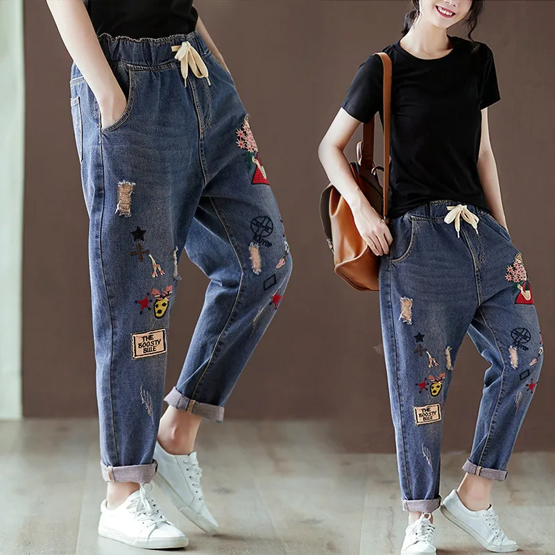 Oversize Women's Denim Pants New Embroidery Hole Elastic Waist Vintage Jeans Spring Summer Loose Casual Blue Jeans Trousers AH59