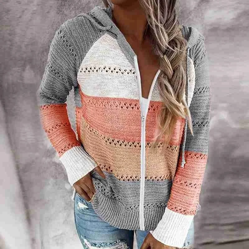 Женский вязаный свитер с капюшоном Элегантный Полосатый пуловер в стиле пэчворк