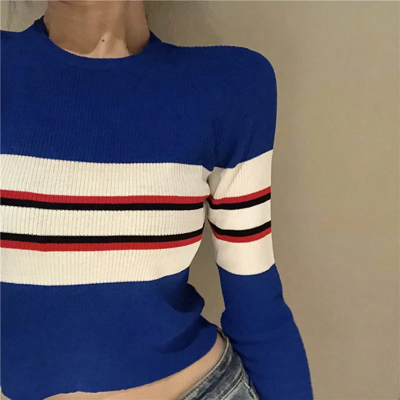

Autumn Winter Women Sweater Knitted High Elastic Sweaters Pullovers Femme Striped Black Pink Ladies Tops