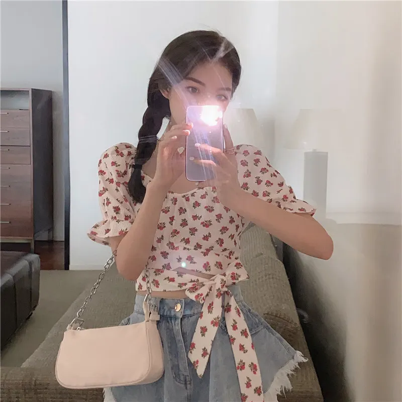 

French Square Collar Floral off-Shoulder Design Sense Niche High Waist Short Puff Sleeve Tied Top