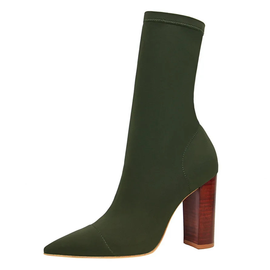 

N04 Europe The United States Fashion Wood Grain Heel Thick Heel High Heel Pointed Elastic Sexy Nightclub Show Thin Ankle Boots