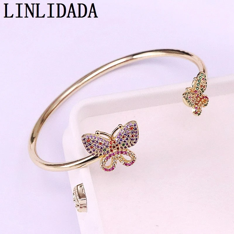 

4Pcs CZ Micro Pave Colorful Zirconia Elegant Butterfly Charm Rainbow Bracelets Gold Filled Cuff Bangles Fashion Jewelry Gifts