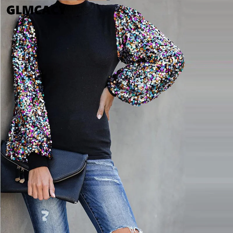 Женская блузка с воротником-фонариком и рукавами-фонариками цветными вставками