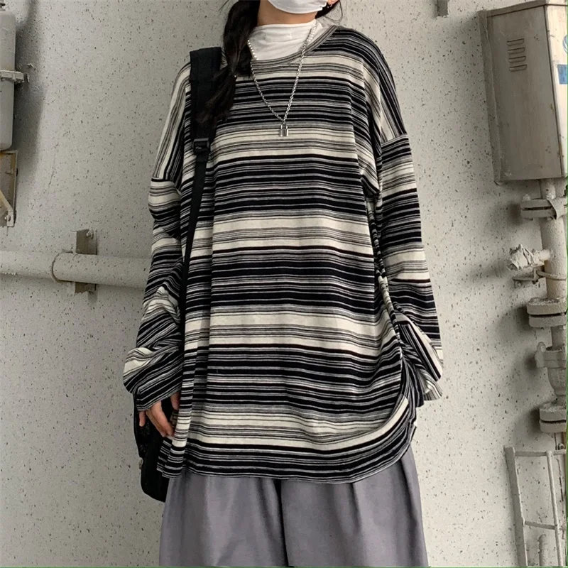 

Ins Korean Clothes New Spring/Autumn Oversize Women's Clothing Vintage All-match Sweatshirts Fashion Striped Pullovers O-Neck