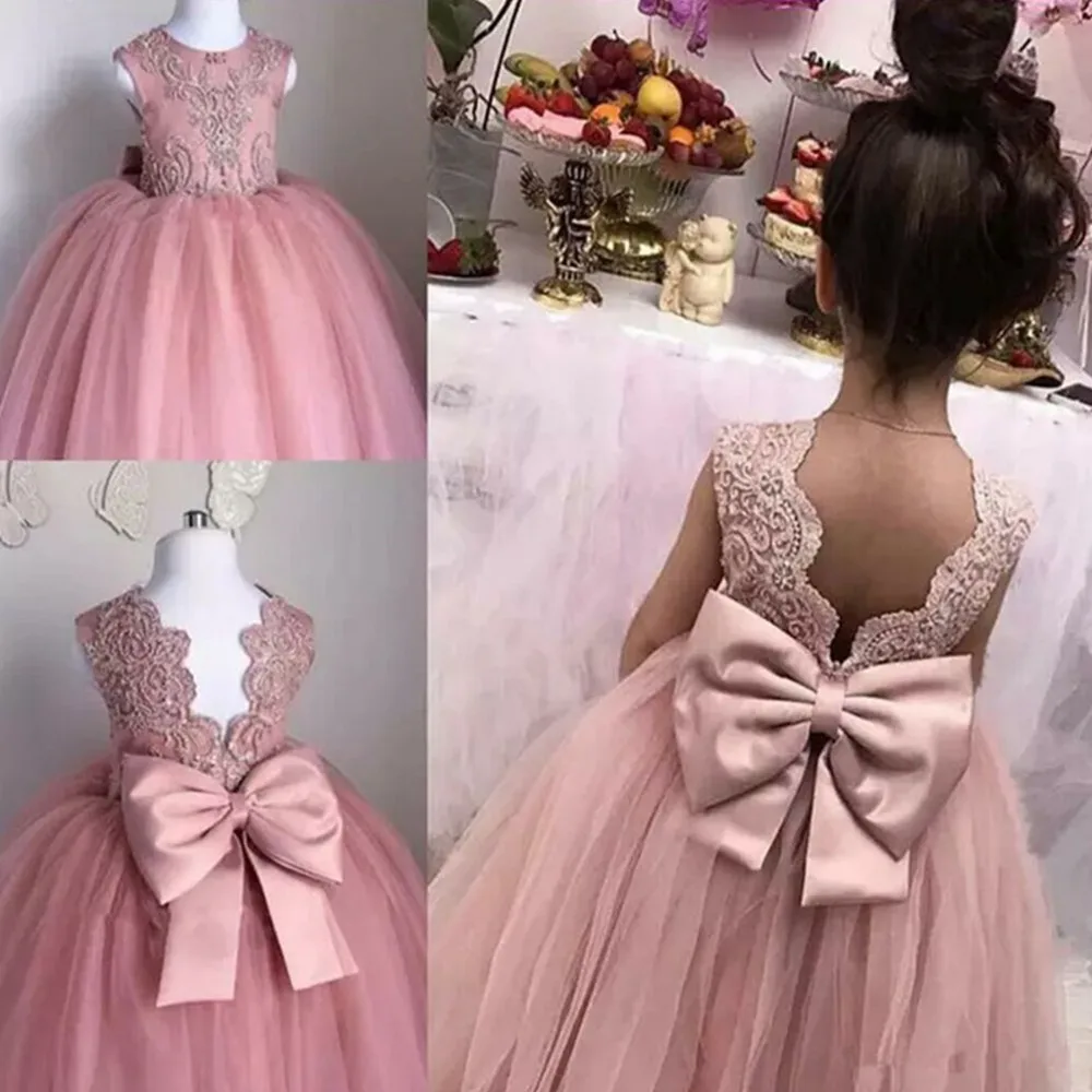 

Flower Girl Dress for Weddings Satin Lace Beaded Ball Gown Girl Party Communion Dress Pageant Gown