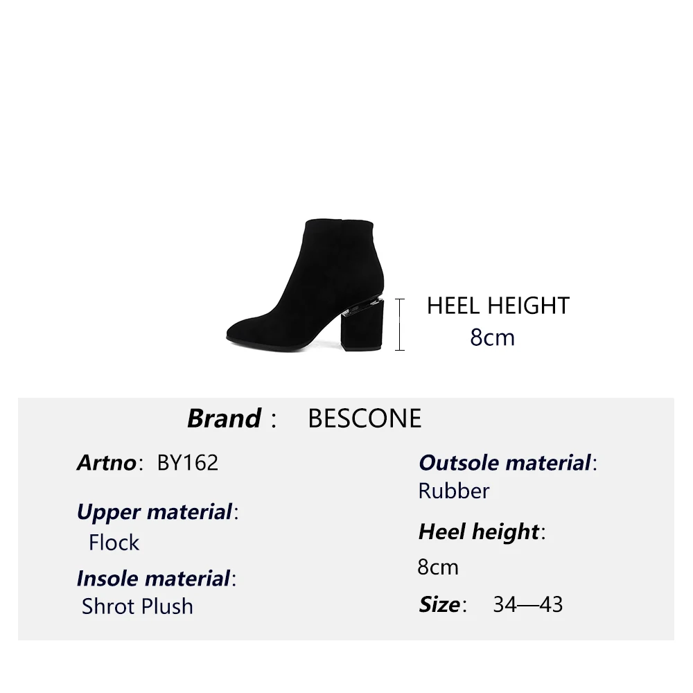 

BESCONE Ladies Ankle Boots Suede Black Handmade Zipper Square Heel Shoes Fashion Pointed Toe Super High Heel Women Boots BY162