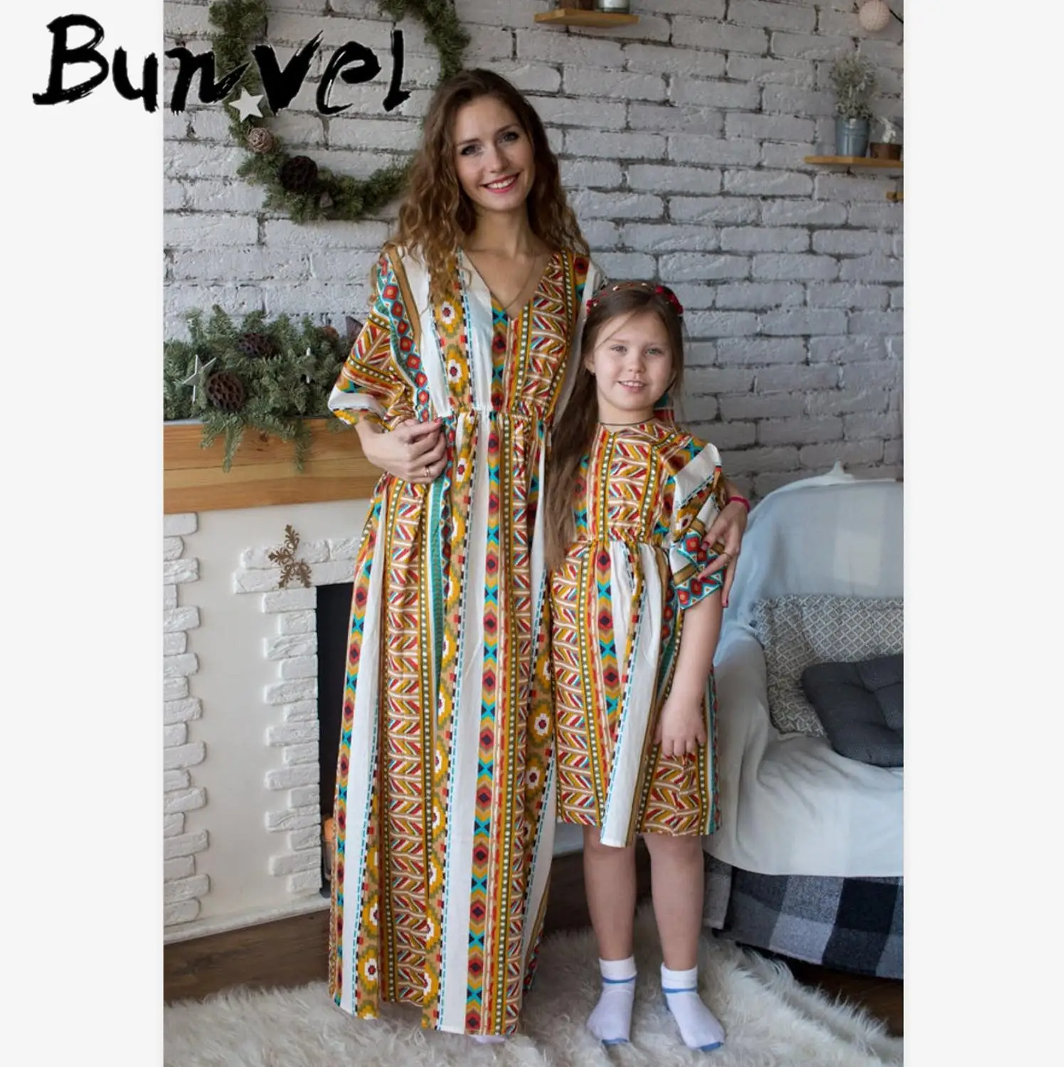 Bunvel/африканские платья для мамы и дочки; одежда для маленьких девочек; платья для мамы и дочки с геометрическим принтом в африканском стиле; 5