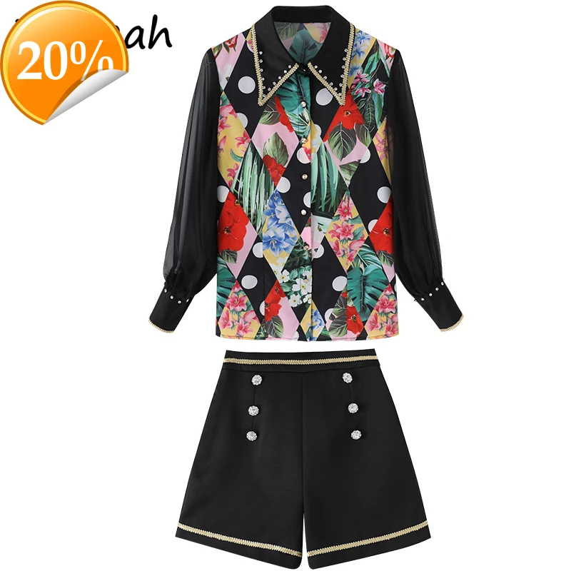 

New 2021 Summer Women Fashion Runway Shorts Set Lantern Case Printed blouse + High waist shorts 2 Two pieces of clothing