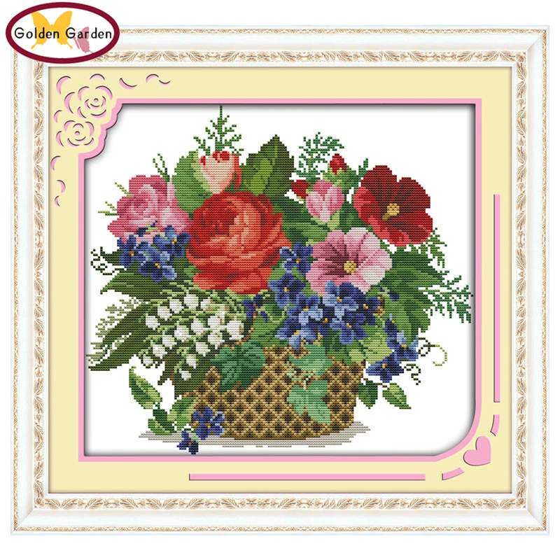 Картина для вышивки крестом GG, Цветущий цветок в корзине, счетный крест,картина с розами, Набор для вышивки крестом для домашнего декора
