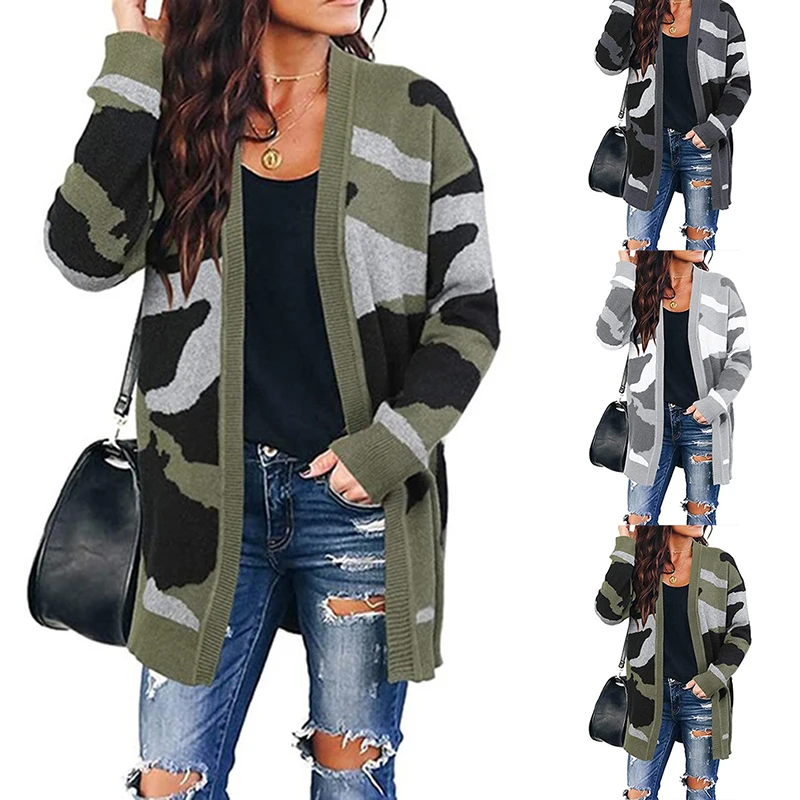 

2020 Autumn/Winter Mid-Length Cardigan Women Fashion Casual Camouflage Mid-length Knitted Coat Sweater Cloak Jacket
