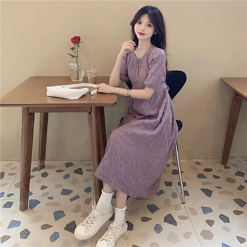 

2021 Summer Casual Elegant Solid Dress Women A-line Short Sleeve Korean Clothing Bellflower Skirt Ladies Slim Dress Female M42