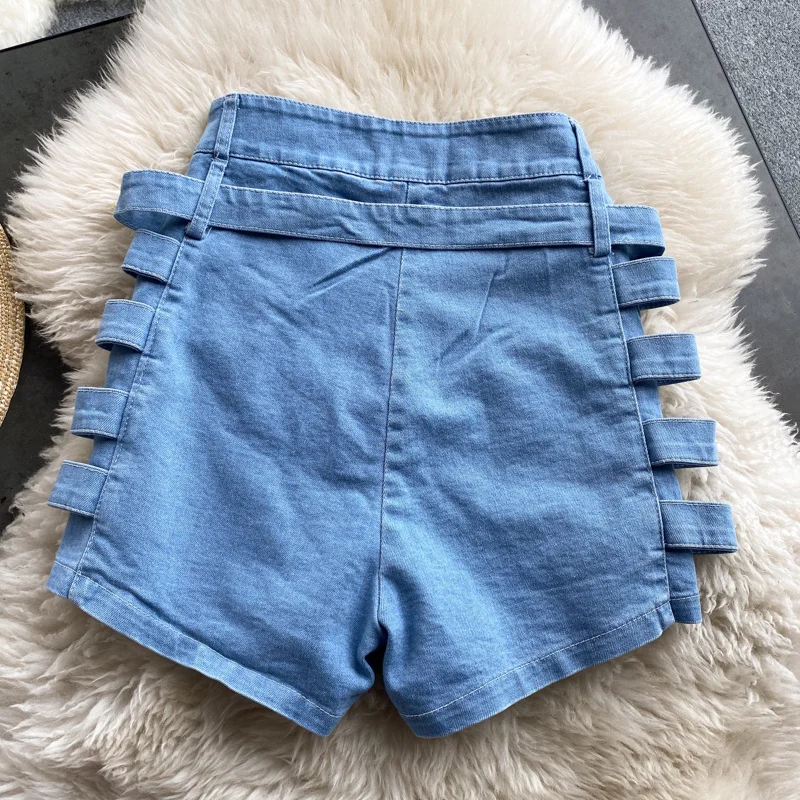 

2021 New Summer Denim Shorts Women High Tails Decrease Casual Shorts Side Metals Breasted Motorcycles Wide Hot denim Shorts