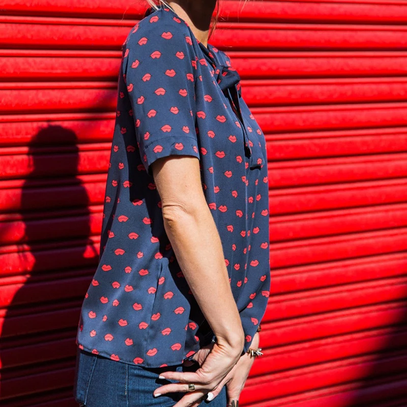 Для женщин Повседневное на шнуровке с бантом короткий рукав блузки летние топы