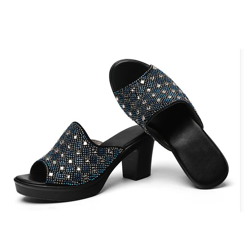 

Women Slipper's 2019 Ladies Summer Slippers Shoes Women 8CM High Heels Platform Fashion Rhinestone Summer Shoes Non-slip