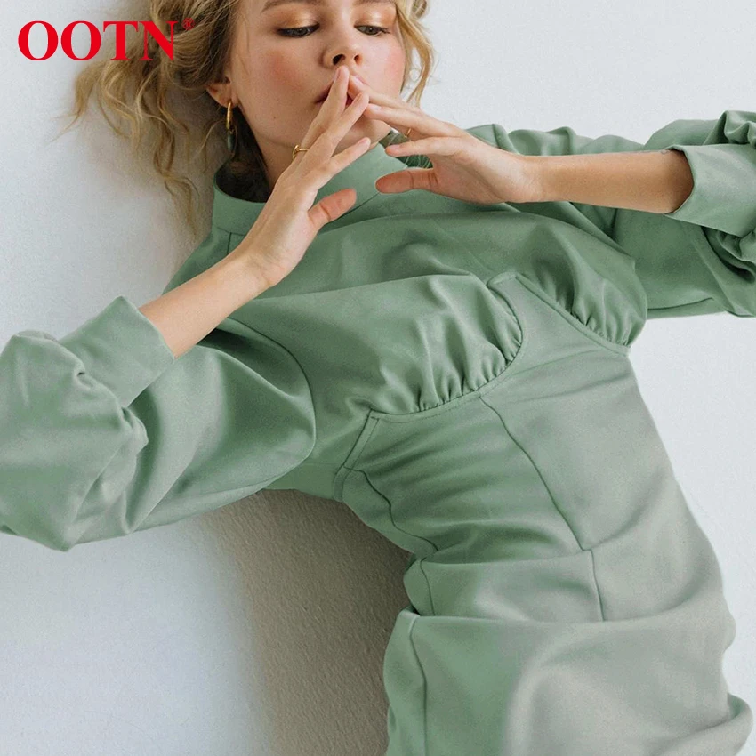 Женское платье с высоким воротом OOTN элегантное осеннее зеленое Повседневное