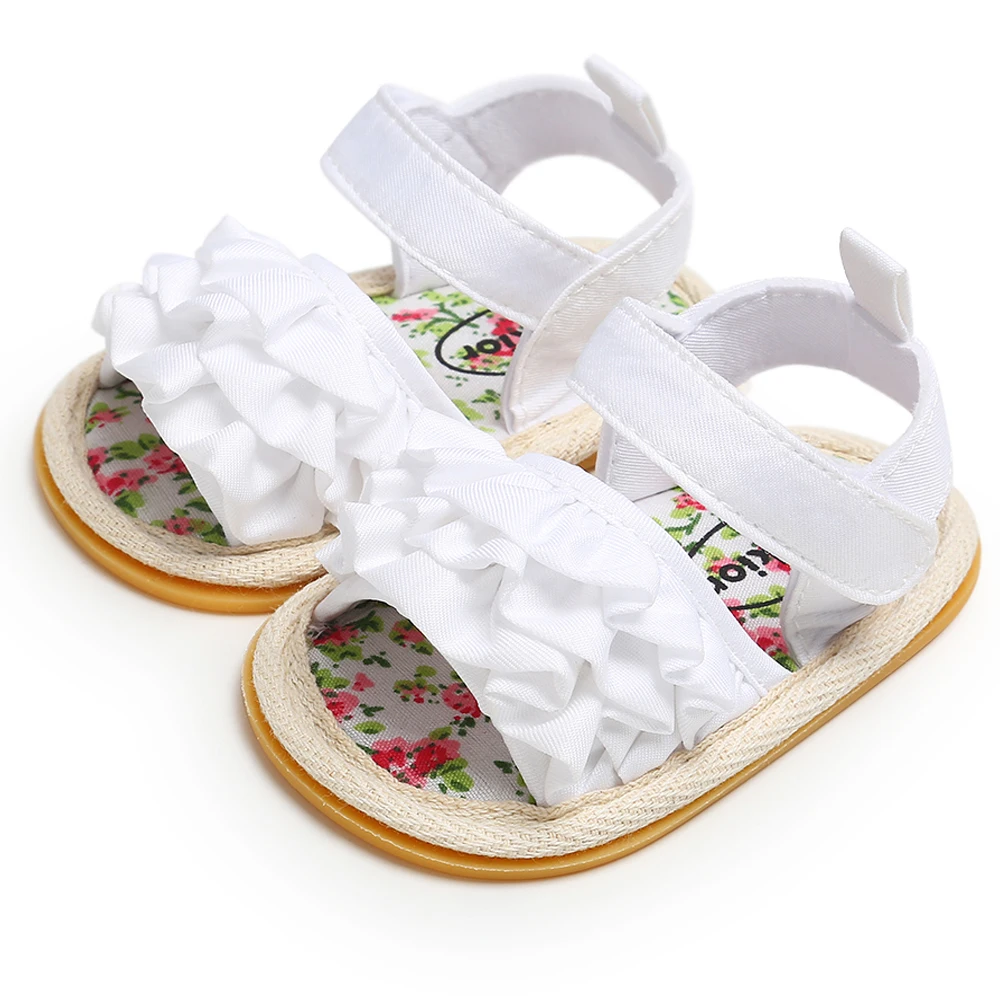rubber sole white Обувь для маленьких девочек; сандалии на плоской подошве для малышей; Высококачественная обувь на мягкой резиновой подошве с нескользящей подошвой; летняя кружевная обувь с цветочным узором для малышей; обувь для первых шагов - Цвет: rubber sole white