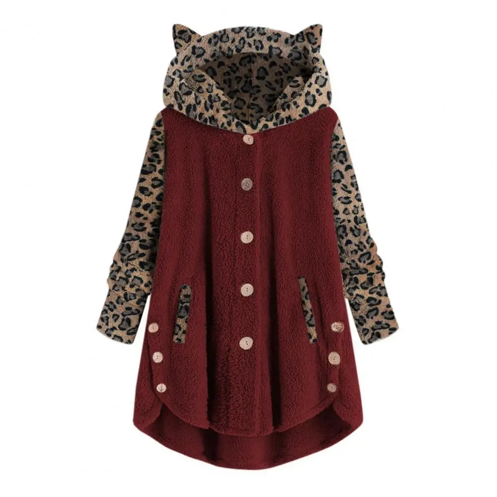 

Women Hoodie Coat Ears Leopard Double Sided Velvet Autumn Winter Single-breasted Irregular Plush Ladies Loose Jacket Streetwear