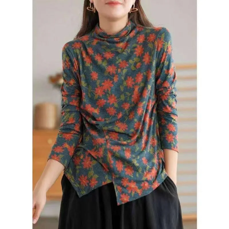 

Egood Spring and Autumn New Style Commuter Art Style Pile Collar Floral T-shirt All-match Irregular Bottoming Shirt