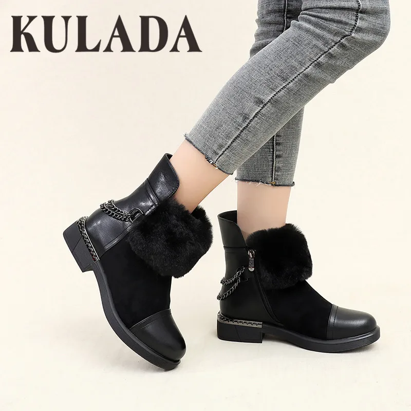 KULADA/Новые ботинки женские Теплые ботильоны на молнии с толстым мехом зимние