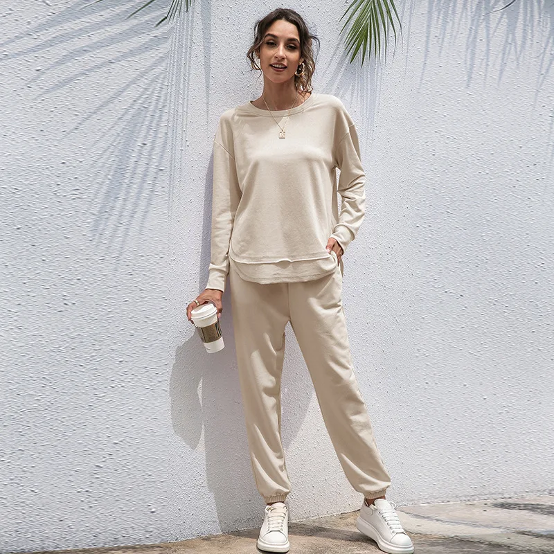 

Autumn New Solid Color Casual Home Clothing Two-piece Oversized Sweatshirt Pants Solid Color Suits Female Casual Sport Outfits