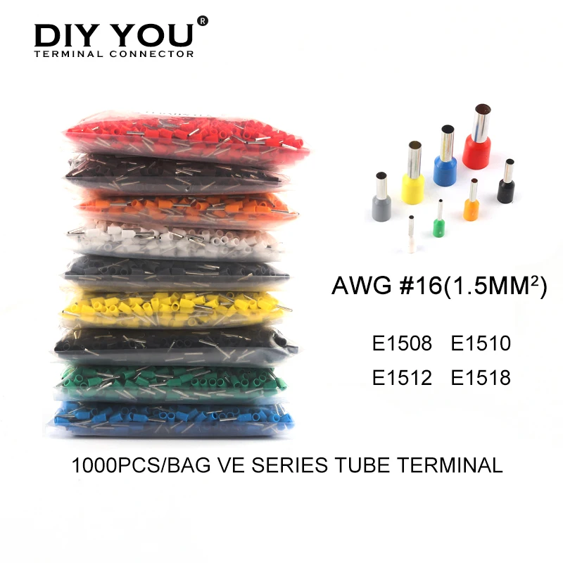 

1000pcs E1508 E1510 E1512 E1518 Cooper Ferrules Cord End Terminal Tubular Wire Connector Terminal Crimp Cable Sleeve for 16 AWG