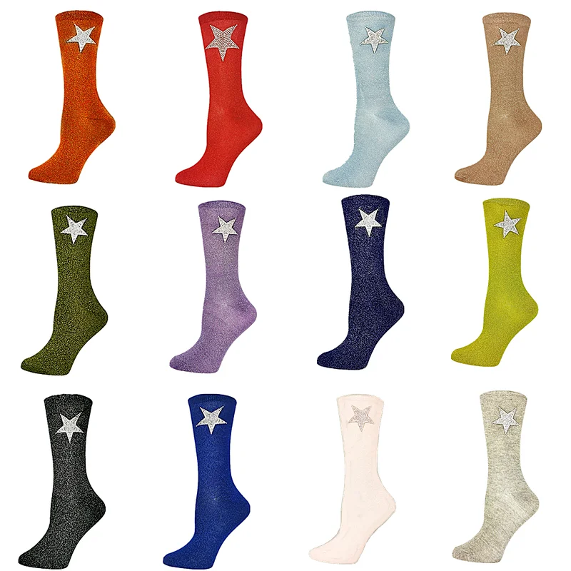 

2021 the most fashionable women's socks creative star rhinestone pattern shiny luxury women's socks gold and silver silk socks