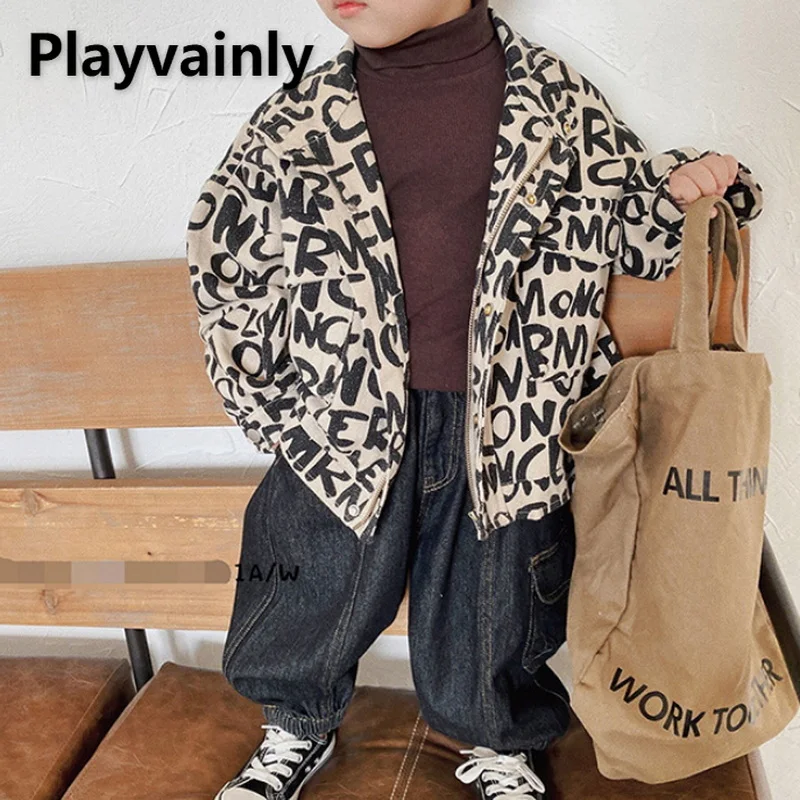 

2021 Korean Style New Autumn Kids Boys Sets Turtleneck Bottomed Shirt+Letter Jacket+Denim Wide Leg Pants Children Outfits E8238