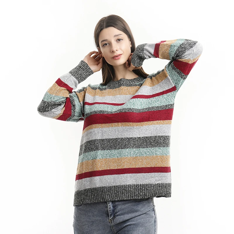 Женский полосатый пуловер большого размера свитера женские радужные с круглым