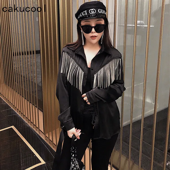 

Cakucool New Sequined Tassels Blouse Women Long Sleeve Black Blusa Shirt Loose Korean Designer Punk Sunproof Blouses Female