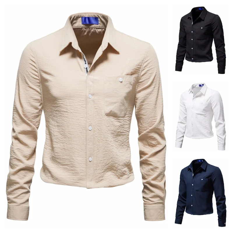 

2022 New Trend Men's Linen Long-sleeved Shirt Pure Color Casual Shirt Business Office Shirt European Size S-2XL