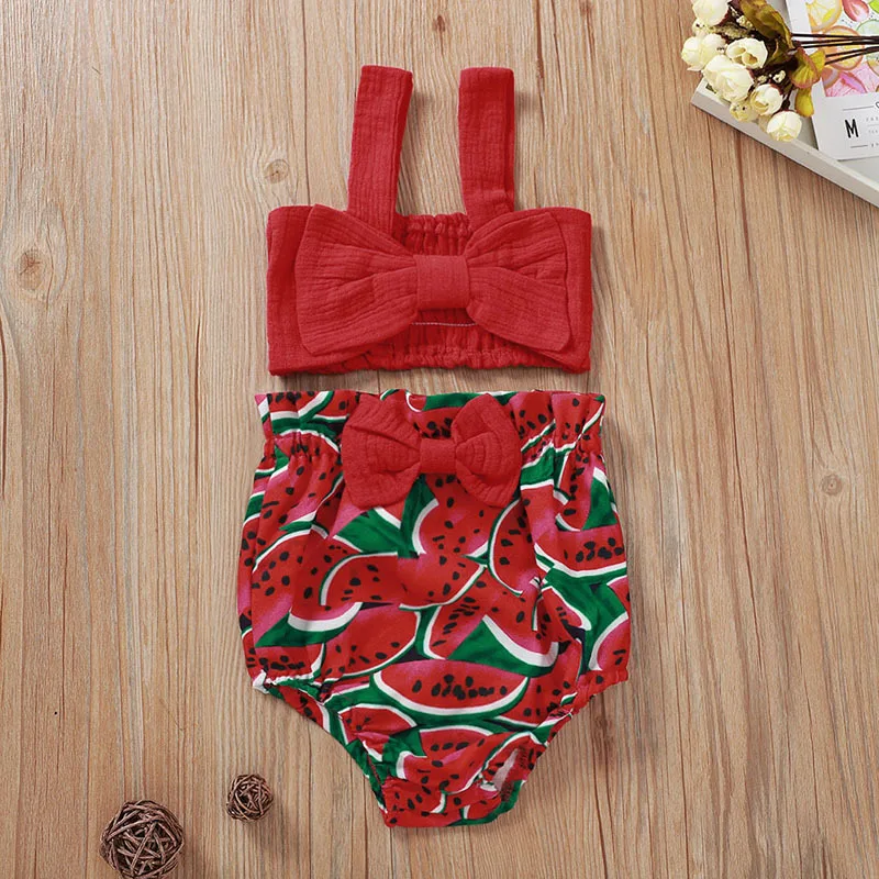 Летняя одежда с рисунком арбуза красный топ на бретелях бантом для маленьких