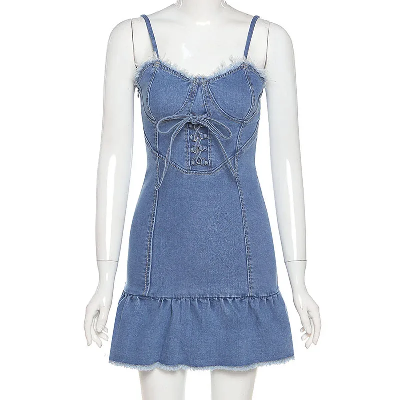 

KAISENDZ Denim Ruffles Women Dress Sling Bow V Neck Elegant Ladies Dress A Line Slim Officewear Ladies Dress 2021 New Summer