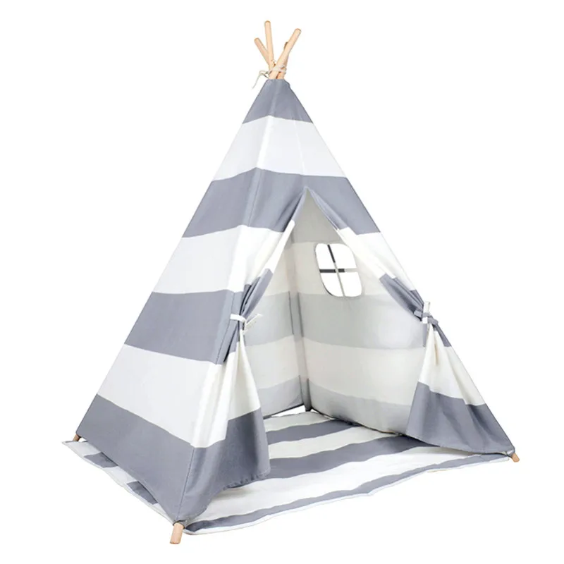 

Kids Teepee Play Tent - 100% Cotton Canvas Grey Stripe Children Tipi Playhouse with Mat Indoor Outdoor Toy Boys Girls Baby Gift