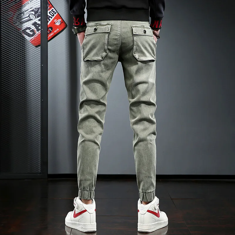 

2021 Summer Men Blue Jeans Fashion Stretch Denim Trousers Streetwear Drawstring Slim Fit Ankle-Length Pants