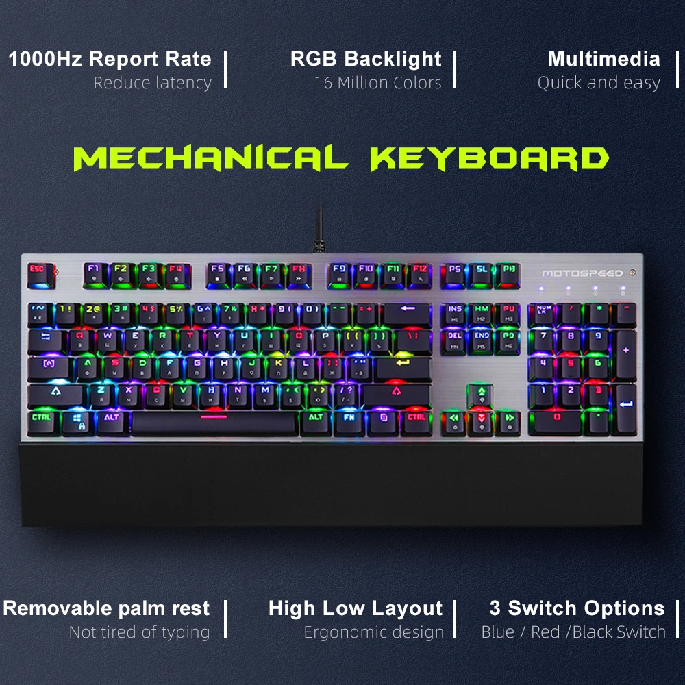 motospeed ck108 104 keys gaming keyboard blue switch rgb backlit ergonomics design usb wired keyboard russian portuguese free global shipping