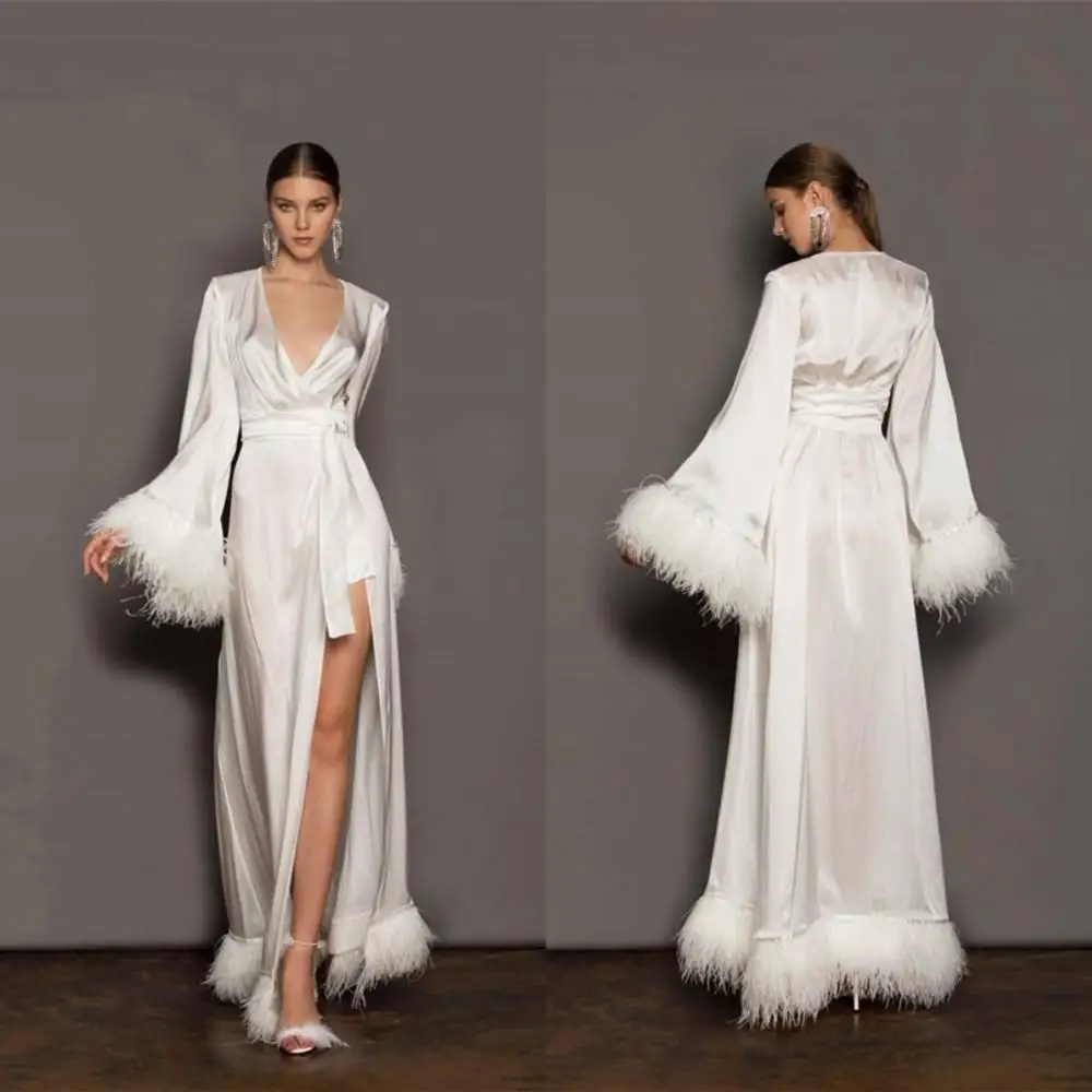 

Sexy Bridal Dress feather long-sleeve Bathrobe Women Lingerie Nightgown Pajamas Sleepwear Women's Gowns Housecoat Nightwear