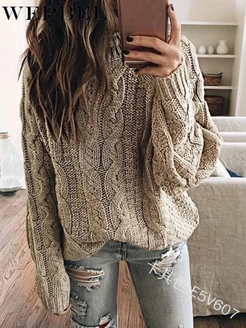 

WEPBEL Women Autumn Winter Loose Knitted Pullover Sweater Top Casual Ladies Long Sleeve O Neck Knitwear Outwear