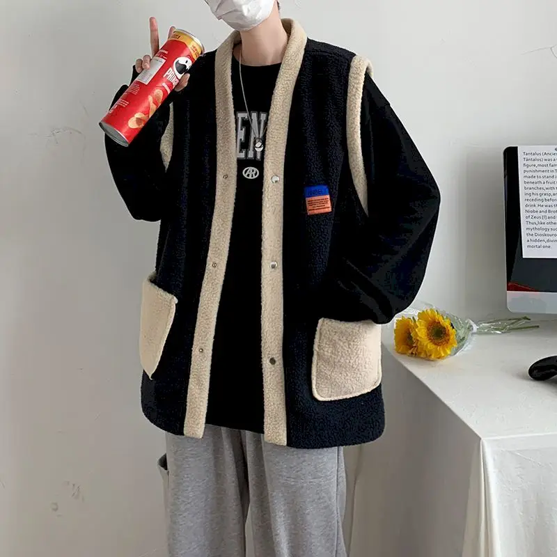 Мужской винтажный кардиган оверсайз из овечьей бархатной ткани с V-образным