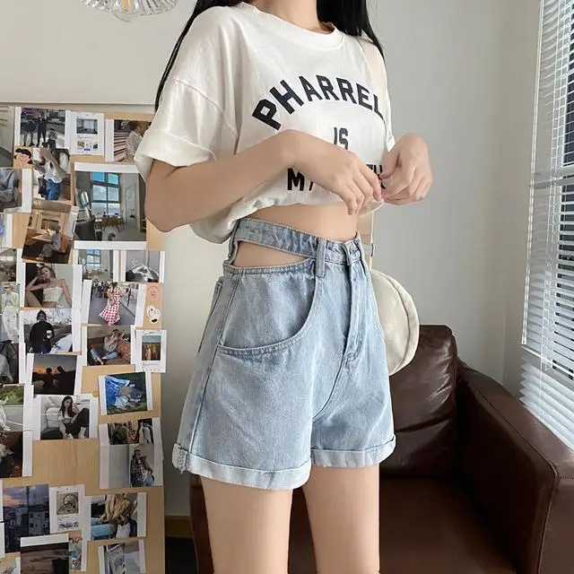 

Summer new Hong Kong style high waist thin curled denim shorts women's Korean style hollow out straight leg hot pants fashion
