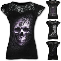 shirt women summer fashion gothic style short sleeve round neck skull lace tops plus size multi colored female shirts pullovers