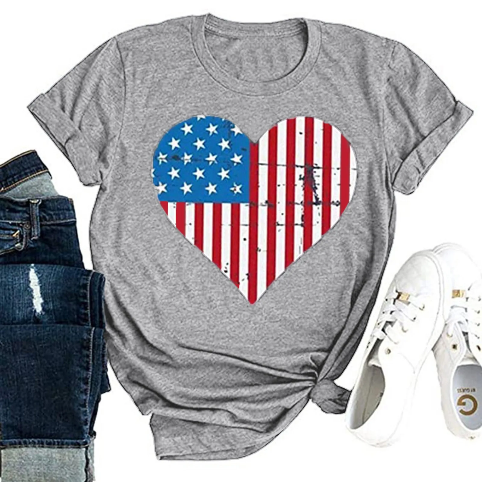 

T Shirt Women Printed Tops Round Neck Independence Day Tops Shirt 2021 Summer Female Tee Top Hot Sale Clothes Casual Crop Top