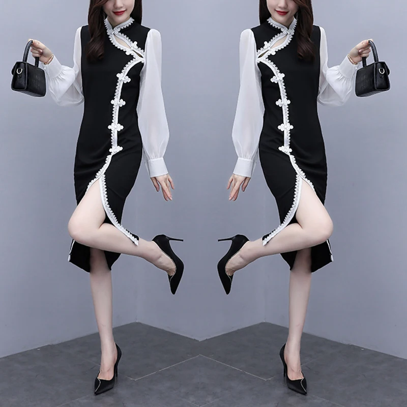 Женское шифоновое платье COIGARSAM черное в стиле пэчворк с длинным рукавом 3XL весна