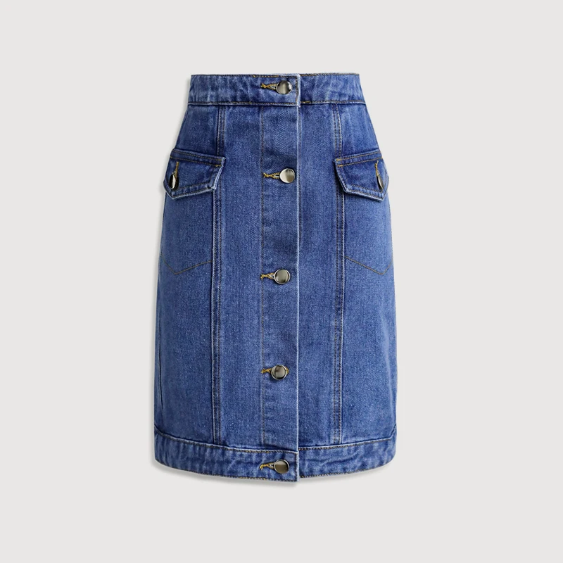

Dabuwawa Button Front Jeans Skirts Womens Natural Waist Solid Pocket A Line Casual Slim Fit Short Skirts Female DN1BSK014