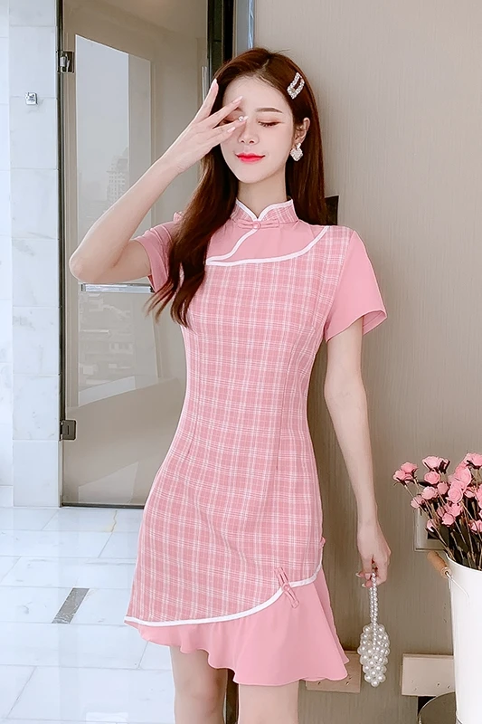 

COIGARSAM Cheongsam Short Sleeve Women dress Plaid Dresses 3712